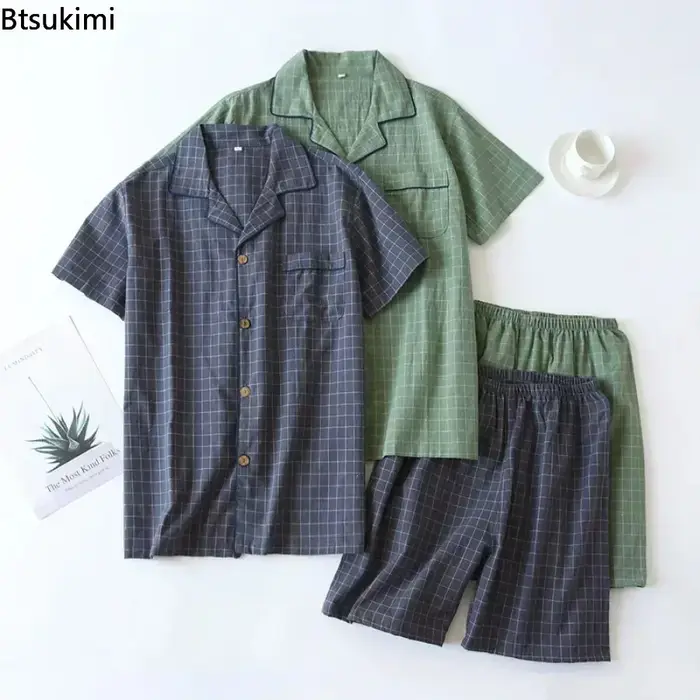 Nouvel ensemble de pyjama de haute qualité pour homme, vêtements d'intérieur deux pièces, mode simple, manches courtes et pantalon, pyjama japonais à carreaux pour homme