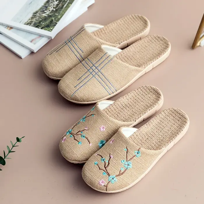 Pantoufles d'intérieur en lin de style chinois pour femmes et hommes