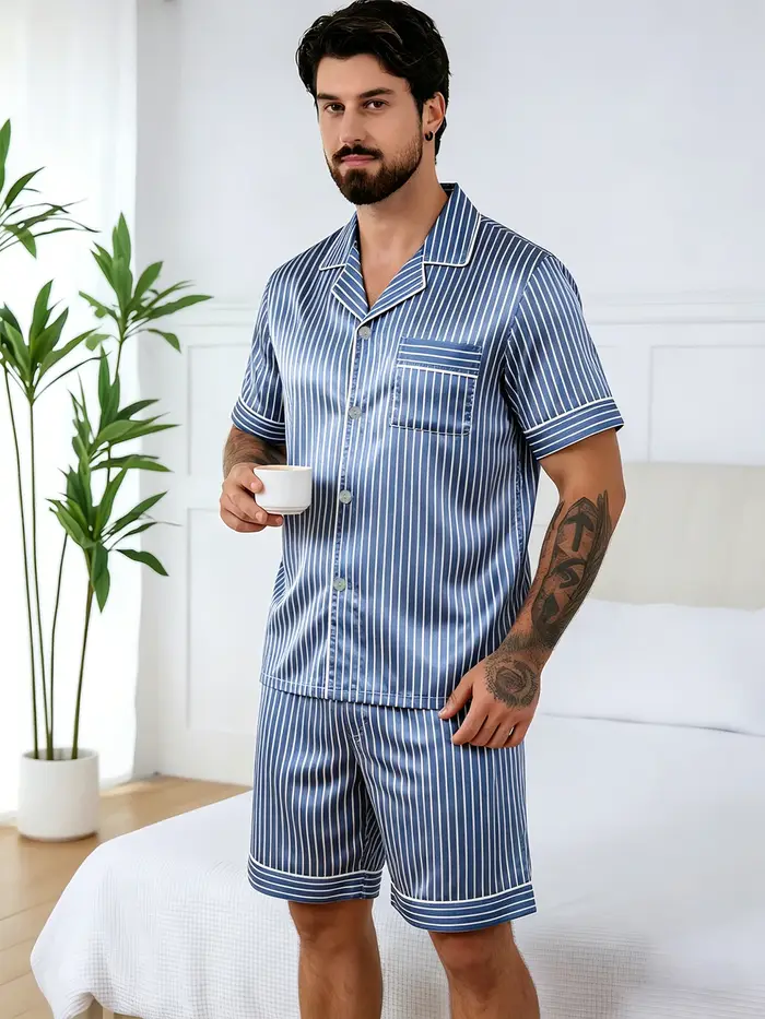Ensemble de pyjama pour homme en satin à rayures imprimées
