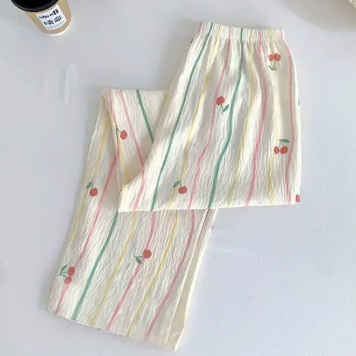 Pantalon de pyjama d'été pour femmes, blanc, ours de dessin animé, pantalon de salon fin, rayures ce