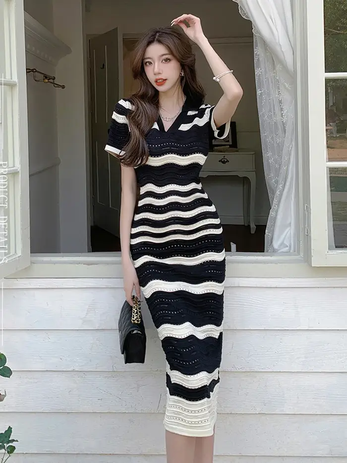 Robe Longue d'Été Rétro à Rayures Ajourées pour Femme, Tenue Mi-longue à Manches Courtes, Vêtements 