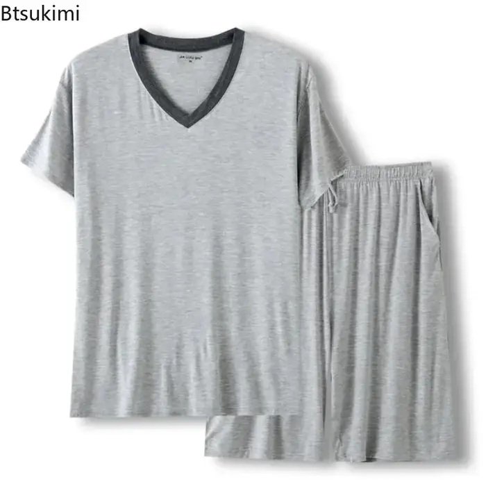 Ensembles de pyjama décontractés d'été pour hommes 2026 – Tenues de nuit douces en modal avec t-shirt à manches courtes et pantalon court – Grandes tailles – Vêtements d'intérieur
