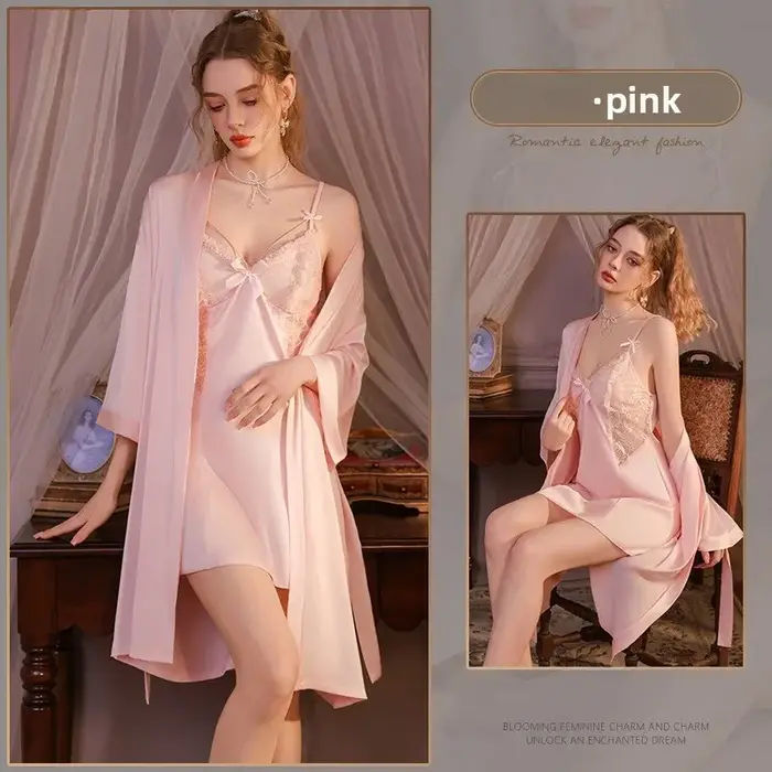 Ensemble de pyjama et robe de chambre en satin ajouré avec nœud en dentelle, dos nu, avec coussinets de soutien-gorge intégrés, respirant, tenue d'intérieur, style français charmant