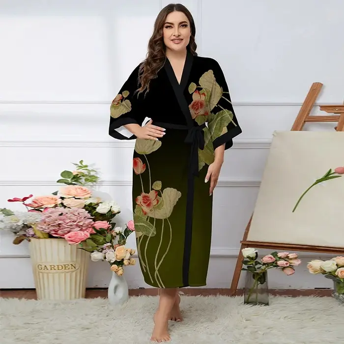 Printemps automne nouvelle Robe longue pour femmes Homewear imprimé fleur Kimono peignoir Robe vêtem
