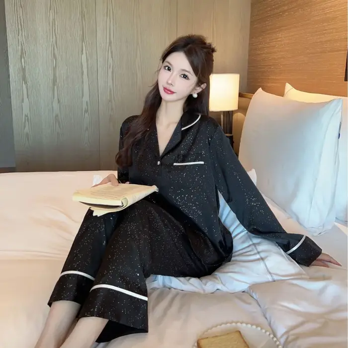 Chemise et pantalon à revers noir 2 pièces Pyjamas vêtements de maison femmes rayonne