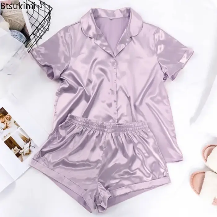 Pyjama en satin de couleur unie avec short, ensemble de vêtements de nuit en soie pour femmes, pyjama décontracté à manches courtes, ensembles de pyjama pour femmes, vêtements de maison d'été