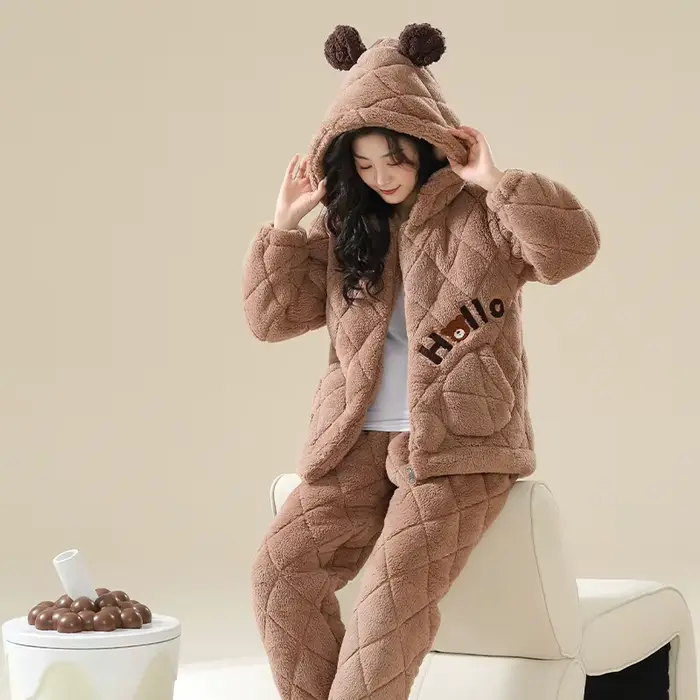 Hiver femmes pyjamas ensemble 3 couches pince coton à capuche Pijama femme épais chaud mignon dessin animé vêtements de nuit
