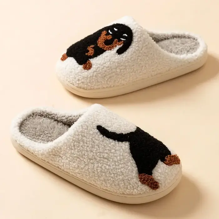 Dessin animé mignon et intéressant teckel chien femmes pantoufles intérieur chaud confort léger chambre concis hiver coton chaussures