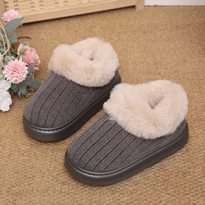 Chaussons en tricot moelleux pour femmes, chaussures d'hiver fermées à l'arrière, bottes d'intérieur en peluche à col duveteux pour femmes, semelle épaisse antidérapante.