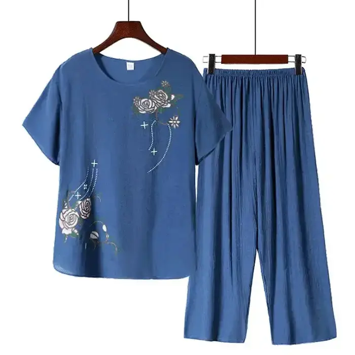Ensemble de pyjama en lin et coton à imprimé floral pour femmes âgées, manches courtes, ample, grand