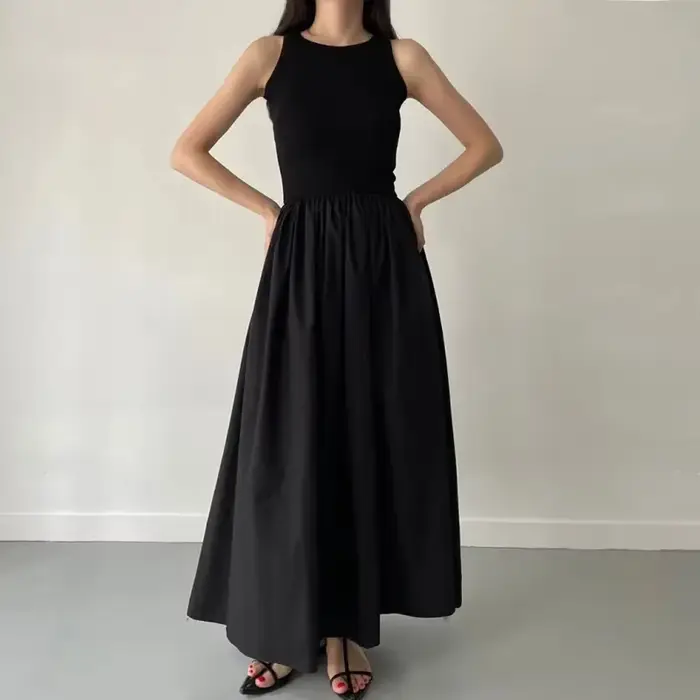 Robe Longue Noire Élégante et Simple pour Femme, Tenue à Col Rond, Taille Haute, Nouvelle Collection