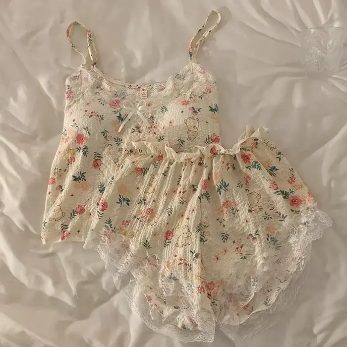 Ensembles de pyjama en dentelle florale pour femmes, vêtements de nuit d'été, short camis, mince, re