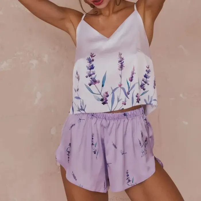 Ensemble de pyjamas d'été en satin pour femmes, vêtements de nuit College de fleurs de µ, pyjamas sexy à col en V, vêtements d'intérieur en fibre, vêtements de détente