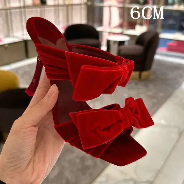 Mules en velours rose avec nœud, nouveau style 2026, mules de soirée à bout carré ouvert, talons aig