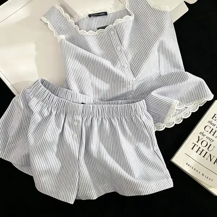 Pyjama rayé pour femme, ensemble 2 pièces d'été sans manches avec short et débardeur en dentelle, st