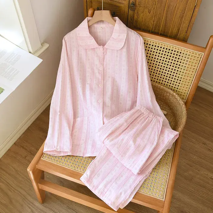 2025 femmes printemps nouveau pyjama ensemble 100% coton crêpe col doux à manches longues deux pièces vêtements de