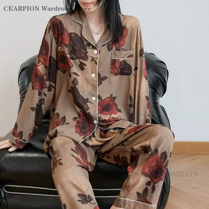 Printemps automne nouveau ensemble de pyjamas rétro imprimé vêtements de maison
