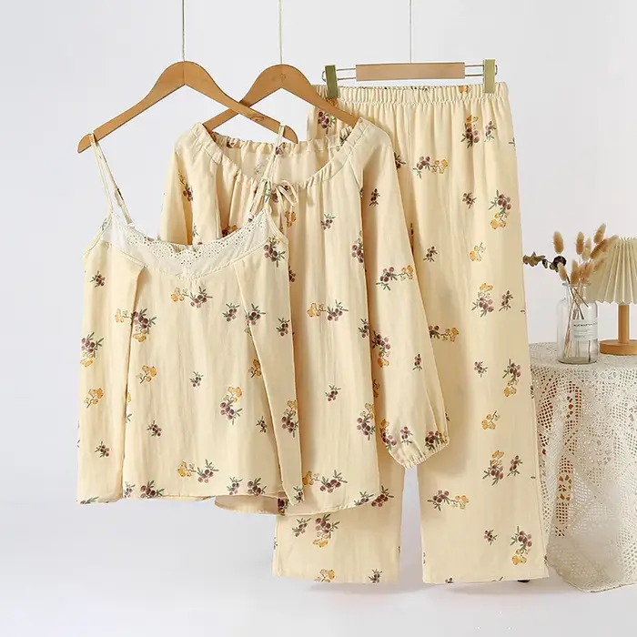 Pyjama pour femmes en pur coton, ensemble trois pièces, cardigan à manches longues, bretelles en den