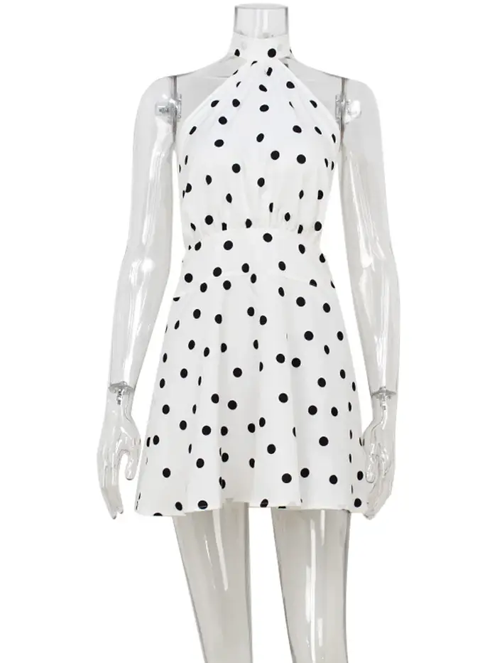 Mini-robes sexy dos nu à pois pour femme, style bandage, coupe ajustée, sans manches, style A-line, 