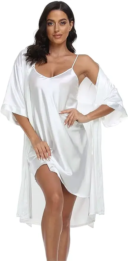Pyjama en Satin de soie pour femmes, 2 pièces, ensemble de Robe Pj soyeux et Sexy avec Chemise de nu