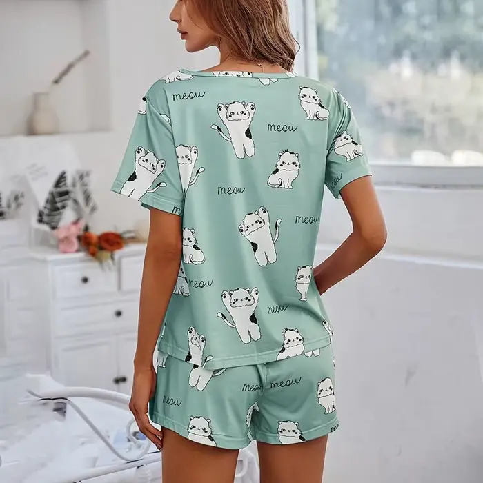 2026 Femmes décontracté mignon merdes en plein air avec Shorts Pyjamas ensembles à manches courtes vêtements de nuit 2