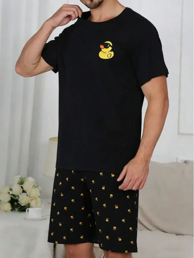 Ensemble de pyjama pour homme, haut à manches courtes imprimé canard + short de détente, 1 haut + 1 paire de pantalons, adapté aux temps frais.