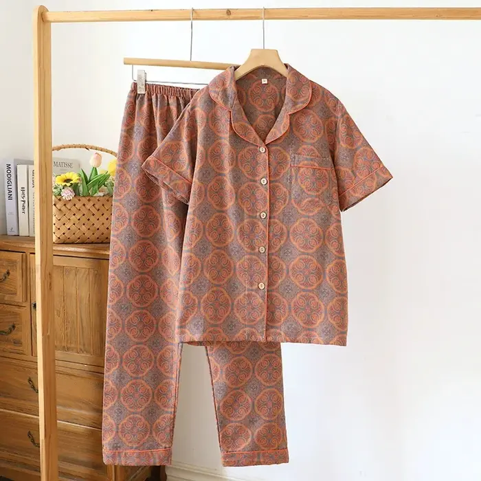Summer Pijama Cotton Pajamas Set Middle Aged Mother Women 2 Piece Set Outfit Jacquard Home Wear Trou