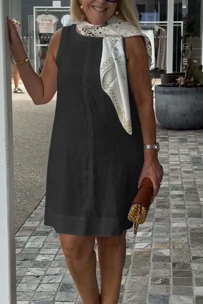 Femmes confortable coton lin couleur unie robes élégant col rond robe été décontracté banlieue taill