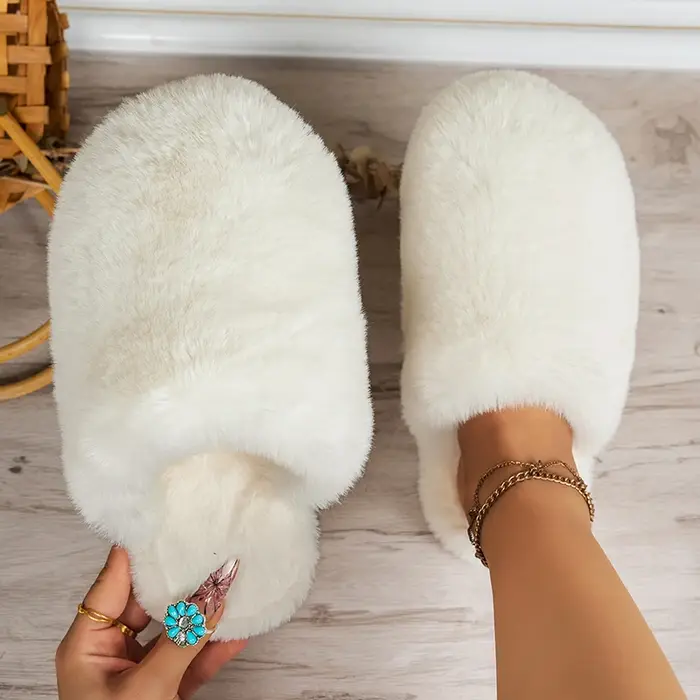 2025 hiver Beige moelleux flou pantoufles femmes confortable chaud maison coton