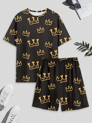Ensemble de pyjama pour homme, comprenant un haut à manches courtes et un short imprimés couronne, v
