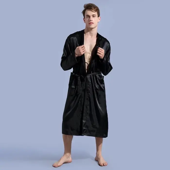 Robe en Satin pour hommes, col en V, Kimono, peignoir Long, pyjama, vêtements de nuit, Robes de noël