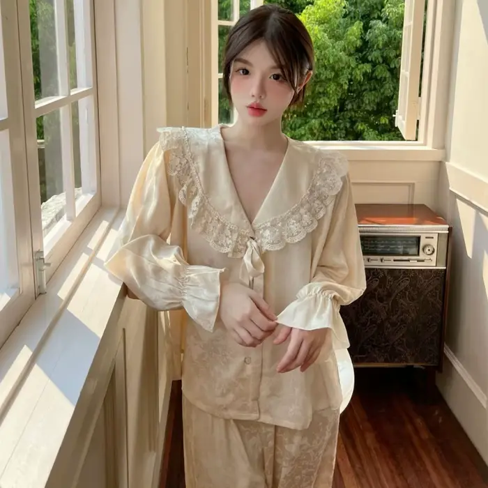 Femme dentelle garniture grand revers 2 pièces Pyjamas ensemble maison vêtements élégant Jacquard Py