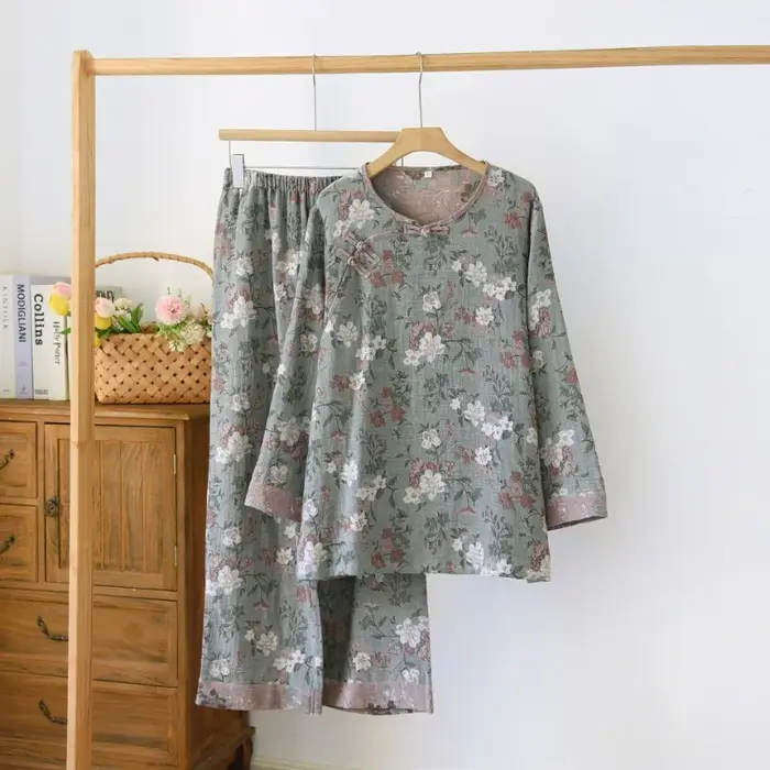 FjHome-Pyjama à manches longues pour hommes et femmes d'âge moyen, pyjama double couche, gaze teint