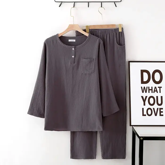 Pyjama pour homme, nouveau style printemps-été, 100% coton crêpe, deux boutons, pantalon à manches l