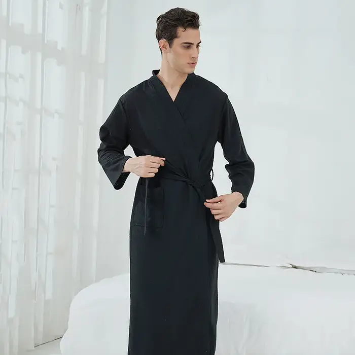 Gaufre femmes peignoir automne hiver solide col en V dames robe de chambre coton poches à manches longues Kimono avec ceintures pour femme