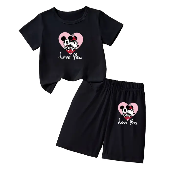 Pyjama 2 pièces pour femmes, haut à manches courtes et short imprimé dessin animé Disney Mickey et M