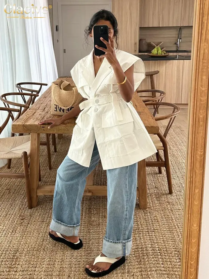 Clacive mode ample blanc coton femmes chemise 2024 élégant revers sans manches chemises décontracté classique solide haut femme vêtements