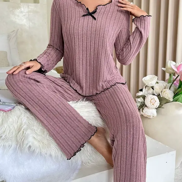 Pyjama en flanelle chaud pour femme, ensemble décontracté avec haut à manches longues et pantalon, v
