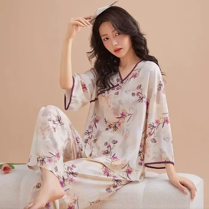 Mode imprimé femmes pyjamas ensemble décontracté coton rayonne vêtements de nuit printemps automne maison