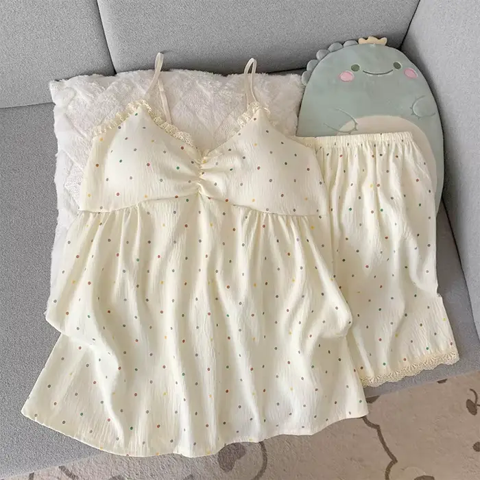 Ensemble de pyjama pour femmes, camisole colorée à pois avec coussinets de poitrine, vêtements de nuit deux pièces, col en V en dentelle, sans manches, pyjama doux et confortable