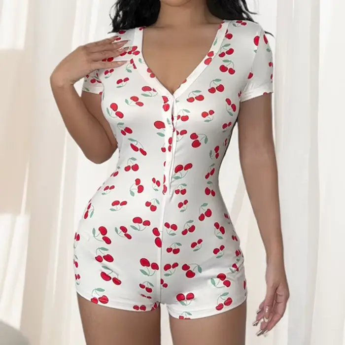 Pyjama femme Onesies bouton avant imprimé cerise col en v manches courtes barboteuse combinaison chemise de nuit