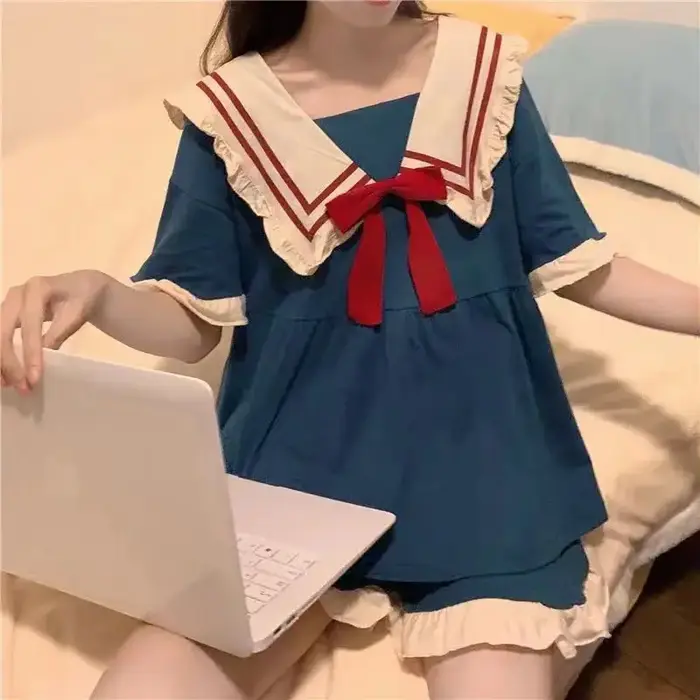 Ensemble de pyjama princesse style marine pour filles, vêtements d'intérieur à manches courtes, doux, mignon, dessin animé, étudiant, dames, été, nouveau