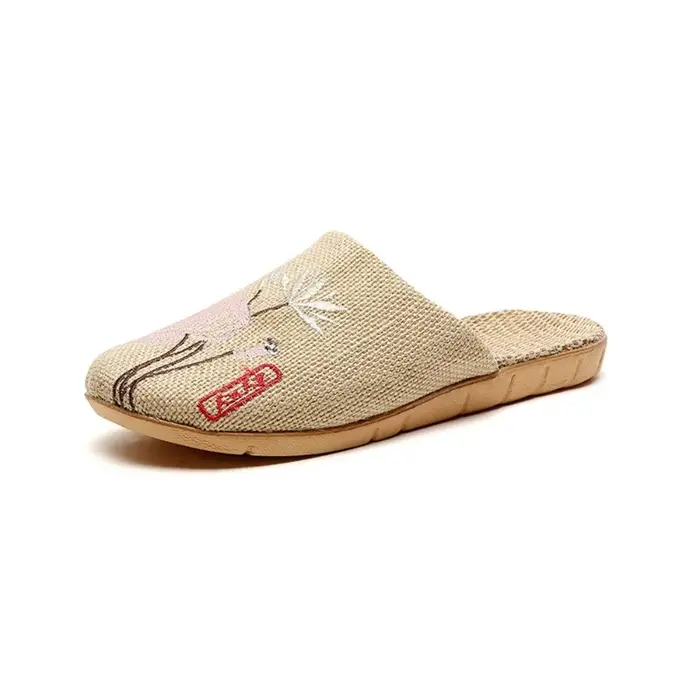 Chaussons d'intérieur décontractés en lin brodé, antidérapants, motif fleur de lotus, sandales à sem