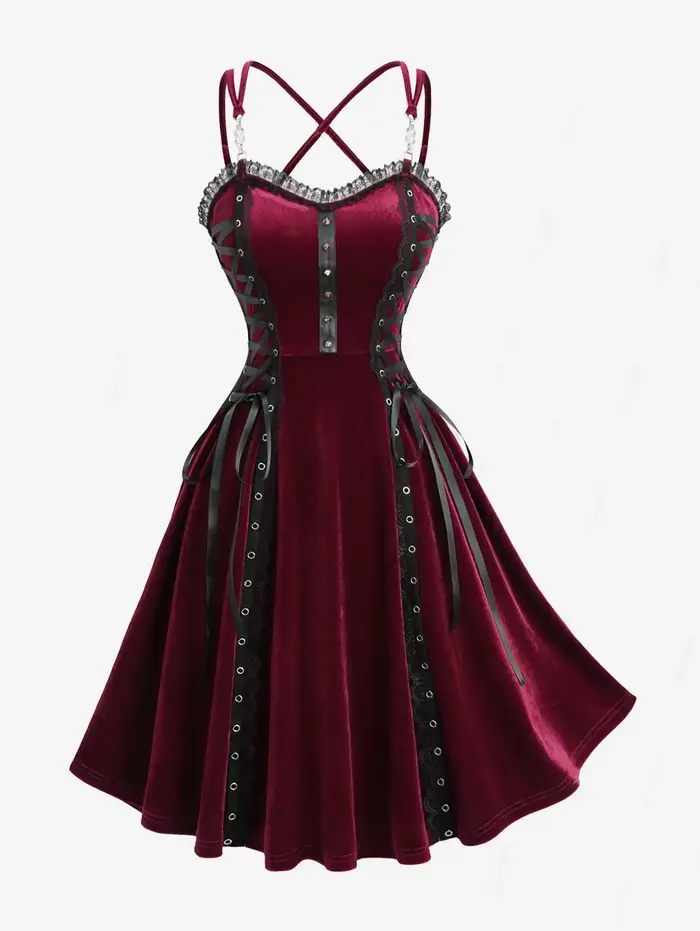 Femmes gothique Vintage robes Costume à lacets PU sangle Rivet croisé à bretelles velours Halloween 