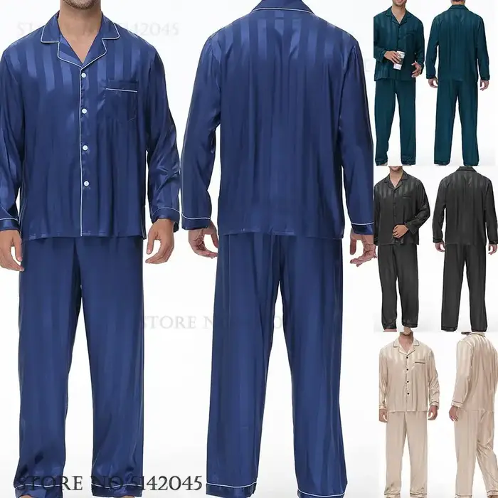 Ensemble de pyjamas en satin bleu marine pour hommes