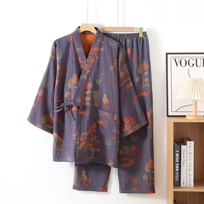 Pyjama Kimono en coton pour hommes, Robes de printemps, imprimé Jacquard, vêtements de maison, longu