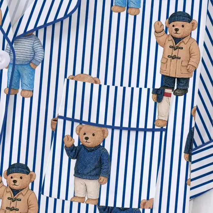 Pyjama femme avec ours à pois rayures imprimé bleu revers manches courtes pantalon court