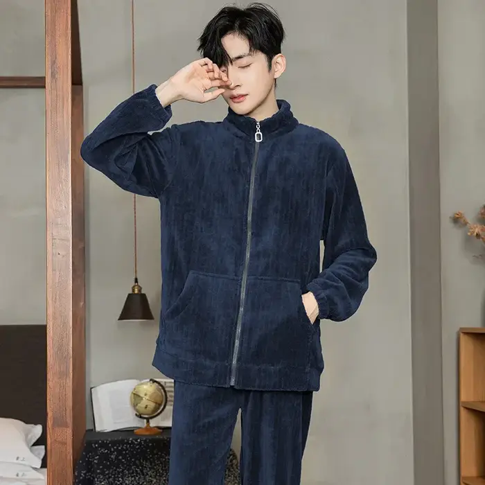 Peut porter des pyjamas hommes automne hiver flanelle épais col montant fermeture éclair corail velours
