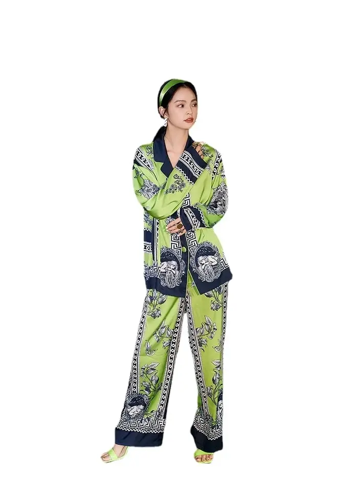 Style Boho femmes vert pyjama ensemble soie été dames Homewear peut être porté à l'extérieur de luxe Satin confortable