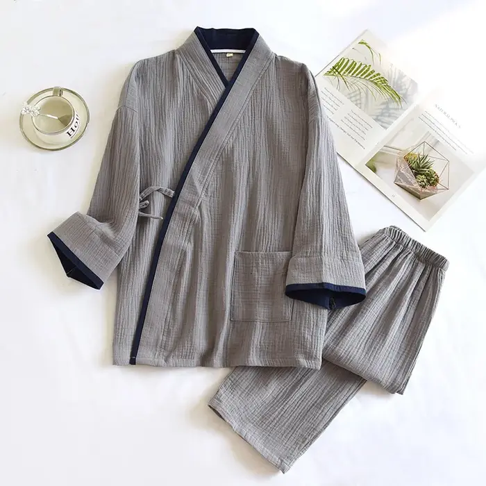 Kimono pour hommes, Style fin, gaze de coton pur, couleur unie, pyjama assorti, pantalon à manches l
